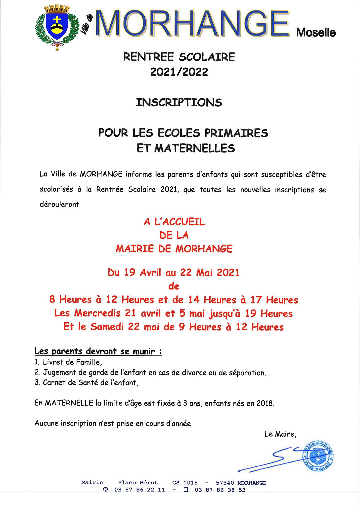 Inscription pour les ecoles primaires et maternelles