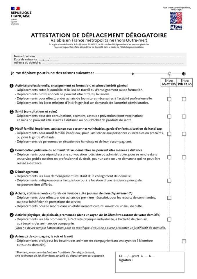 Retour de l'attestation de déplacement dans tout l'Hexagone