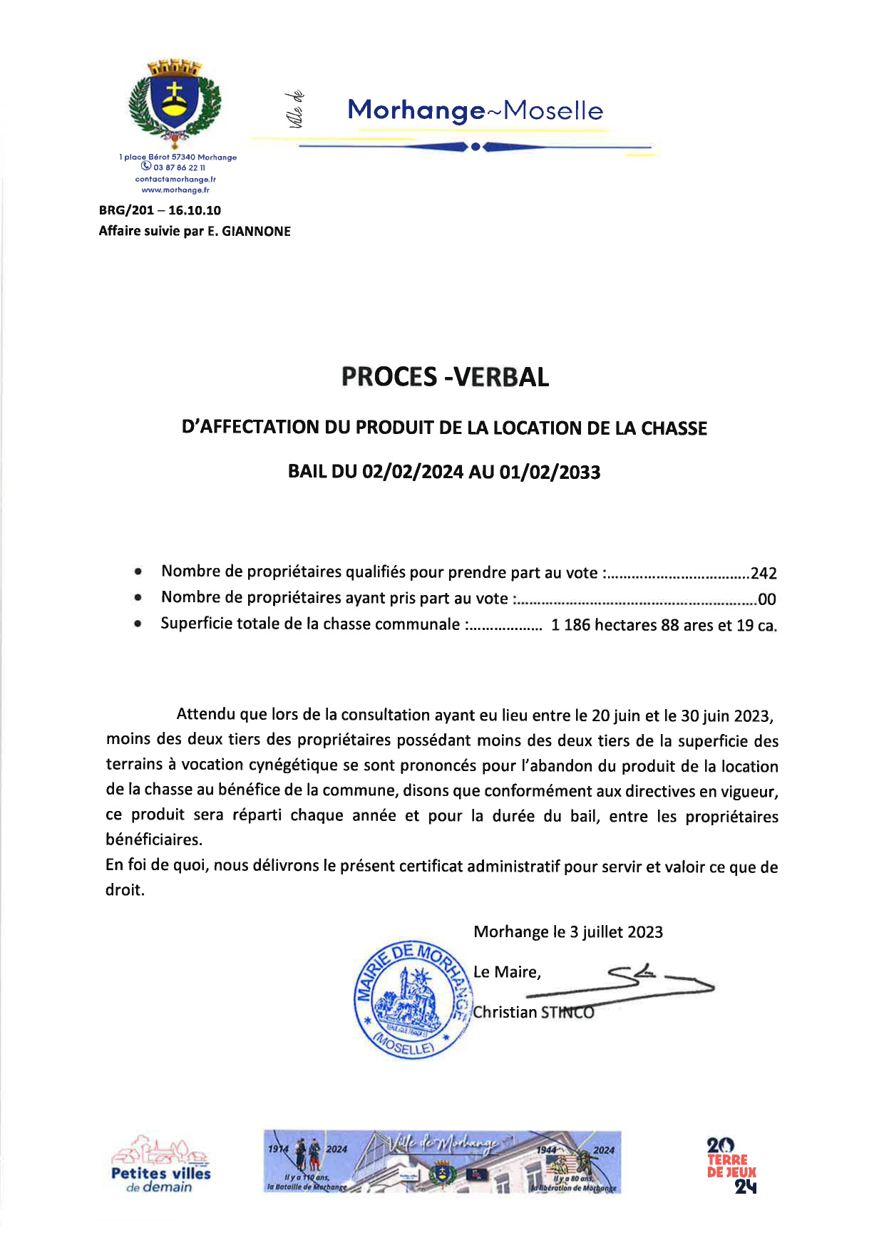 Procès verbal d'affectation du produit de la location de la chasse