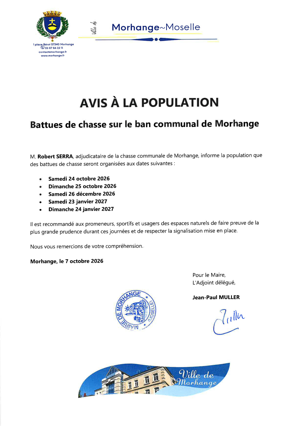 Battues de chasse sur le ban communal de Morhange