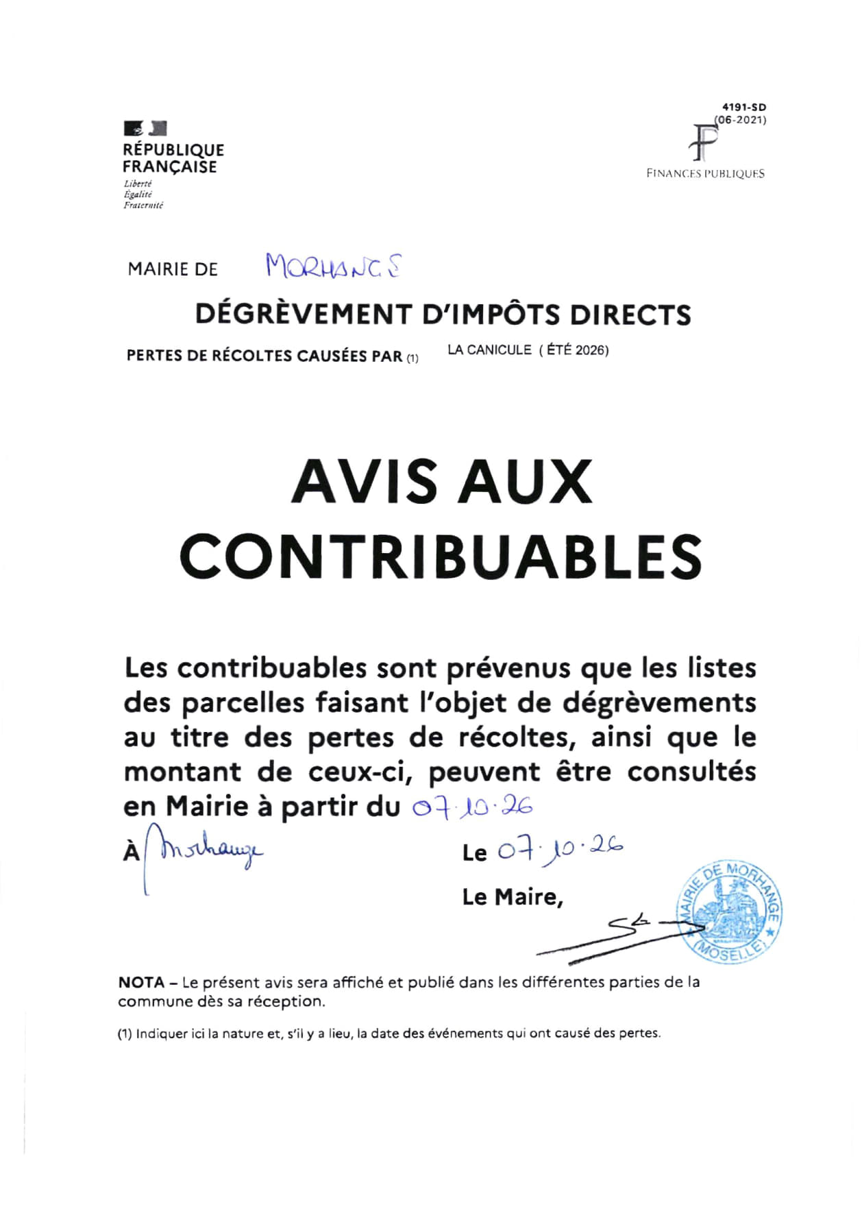 Dégrévement d'impots Directs, pertes de recoltes causées par la canicule