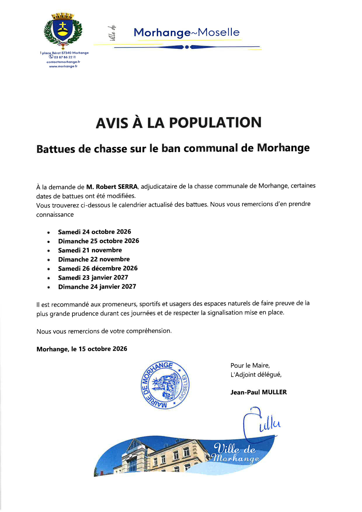 Battues de chasse sur le ban communal de Morhange